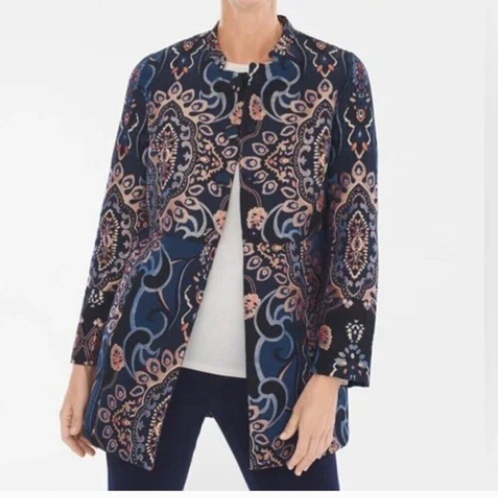 CHICO'S BLUE JACQUARD LONG JACKET 0
